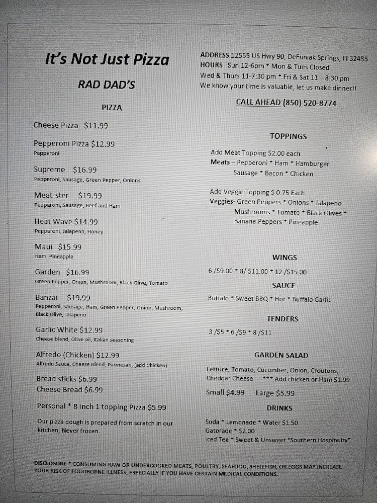 Rad Dad's, It's Not Just Pizza Menu image 1